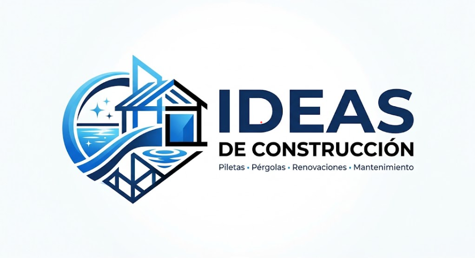 Logotipo azul de IDEAS DE CONSTRUCCIÓN con una casa y un edificio estilizados; texto de servicios debajo.