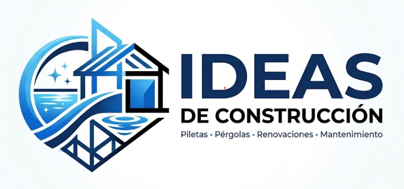 Logotipo azul de IDEAS DE CONSTRUCCIÓN con un ícono de una casa, planos y texto sobre los servicios