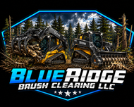 Blue Ridge Brush Cleaning LLC logo with yellow skid steer in a forest, blue neon outline, bold text