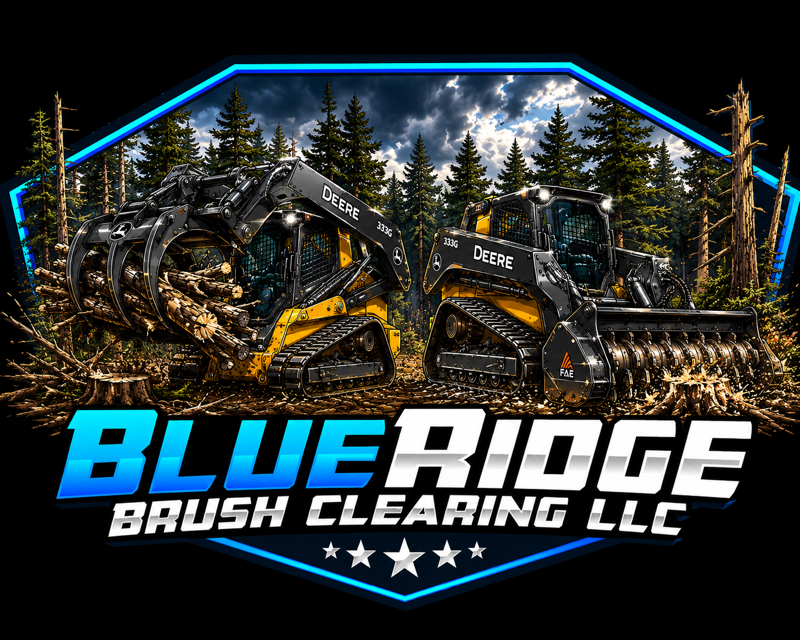 Blue Ridge Brush Cleaning LLC logo with yellow skid steer in a forest, blue neon outline, bold text