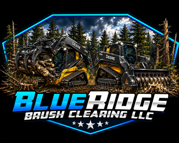 Blue Ridge Brush Cleaning LLC logo with yellow skid steer in a forest, blue neon outline, bold text
