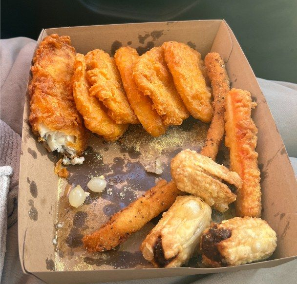 Fast Food Platter in a Cardboard Container — Aussie Fish & Chips Nelson Bay in Nelson Bay, NSW