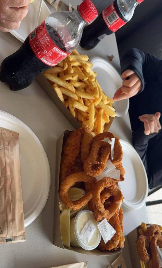 Fries, Fried Seafood Platter, and Two Coca-Cola Bottles — Aussie Fish & Chips Nelson Bay in Nelson Bay, NSW