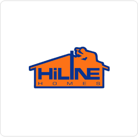 A blue and orange logo for hiline homes