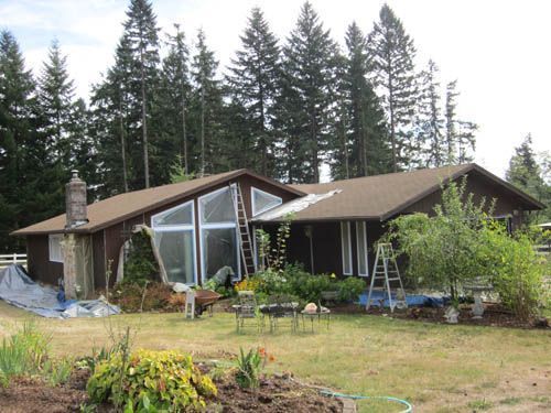 A house with a lot of windows is surrounded by trees