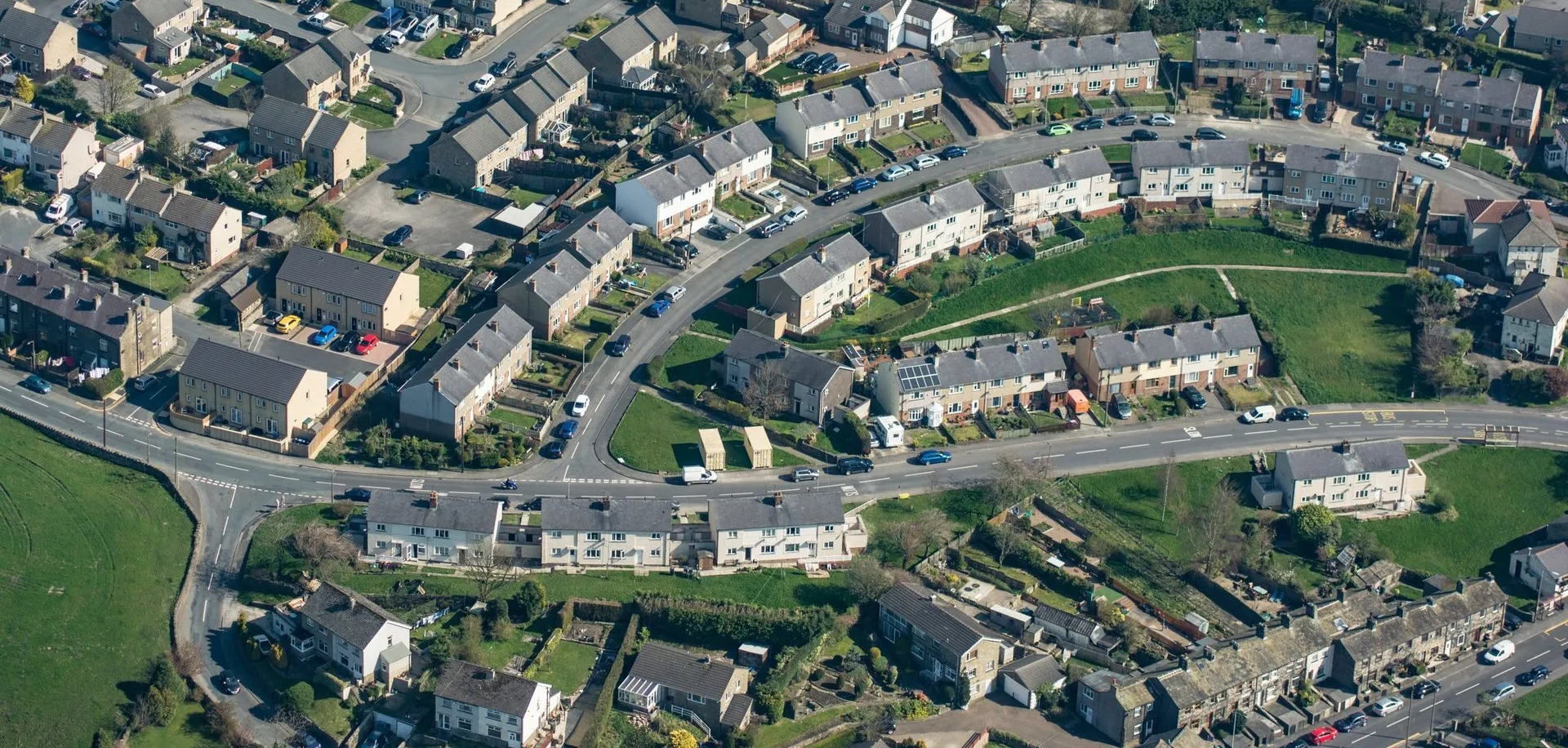 An aerial view of a residential area with lots of houses