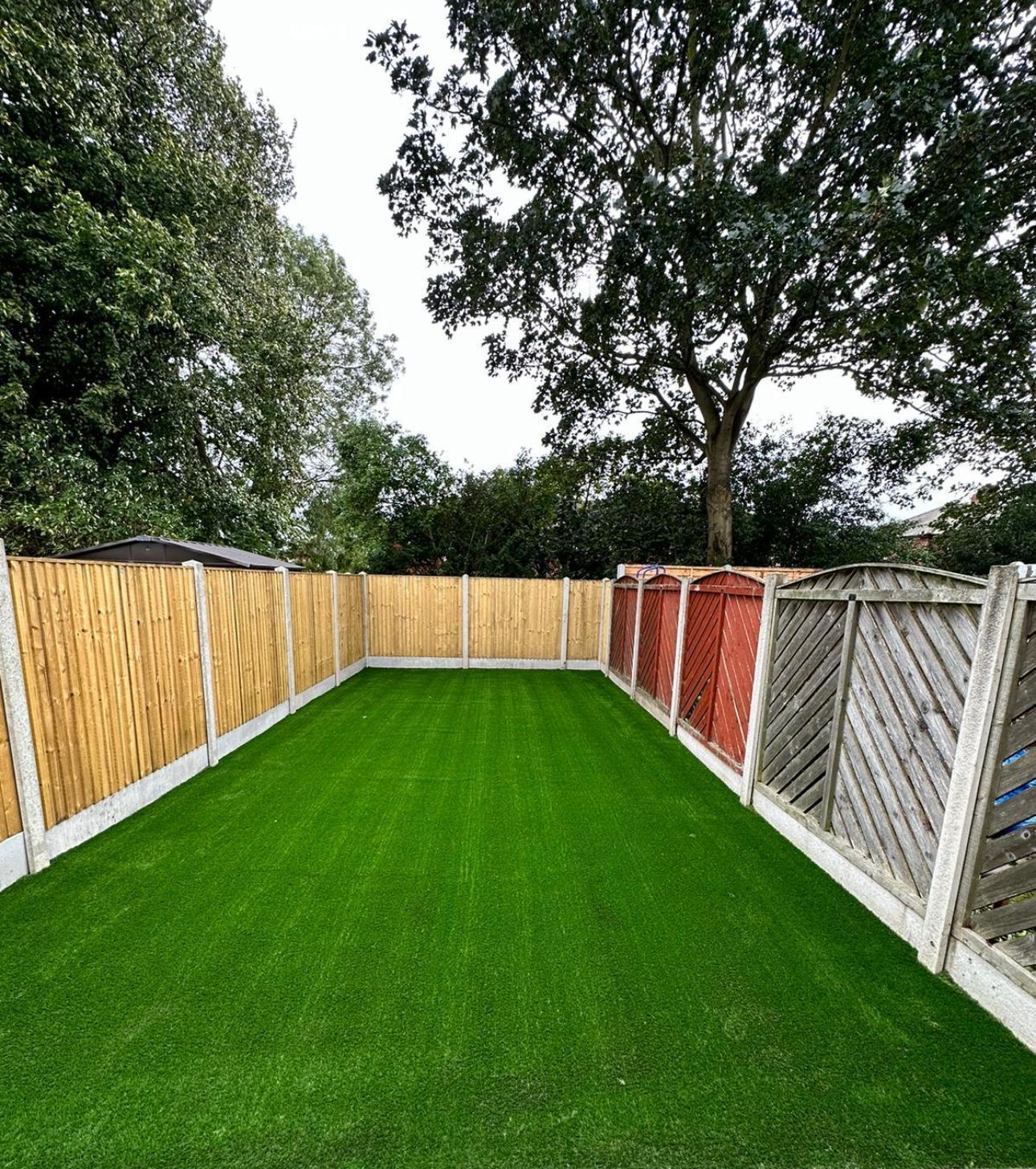 Small fenced backyard with bright green artificial turf and wooden panels under trees