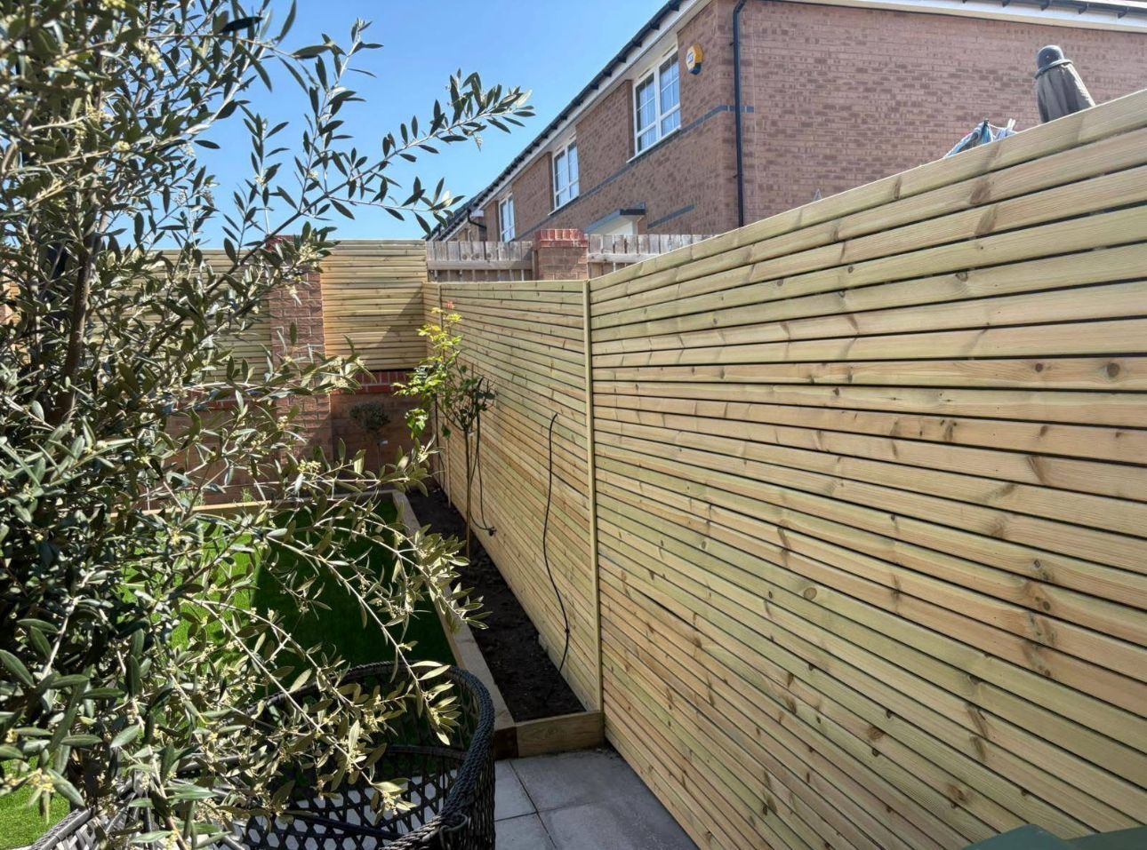 Narrow backyard path beside a tall wooden fence, with shrubs and brick houses under a blue sky.