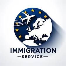 A logo for immigration service with a plane flying over europe.