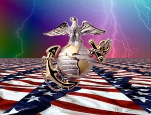Marine Corps emblem over American flag with lightning.