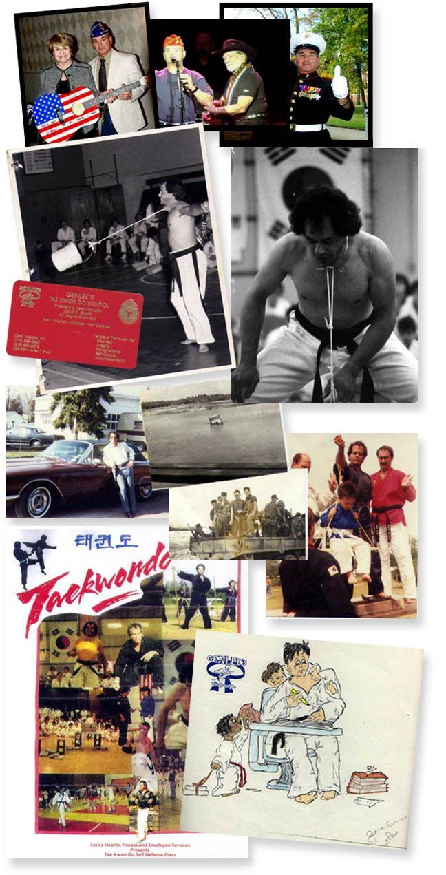 Collage of photos: veterans, martial arts, holding US flag, performing martial arts, vintage cars, ink sketches.