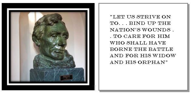 A bronze bust of Abraham Lincoln next to a quote about healing the nation's wounds.