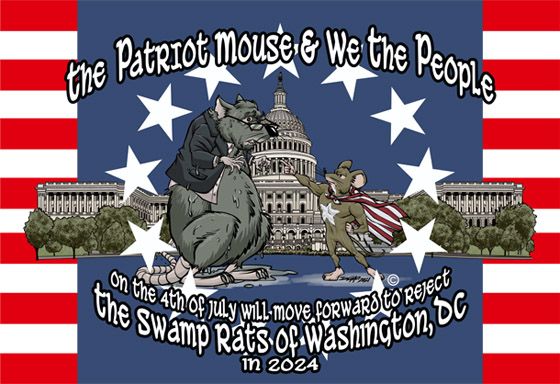 Political cartoon: Patriotic mouse in superhero cape confronts a rat in front of the U.S. Capitol building. Text:
