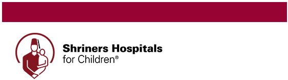 Shriners Hospitals for Children logo, burgundy bar above. A man holding a child, in a circular emblem.