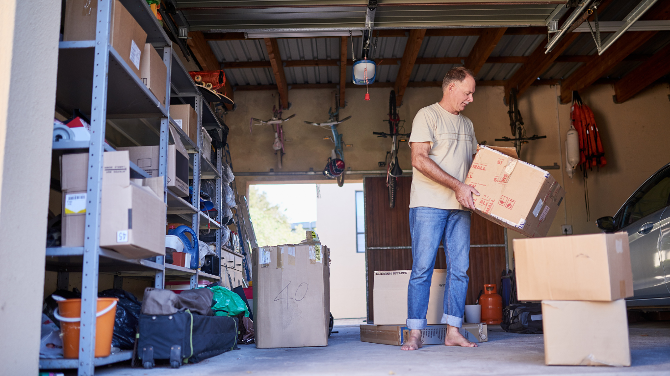 A man is carrying a cardboard box in a garage.