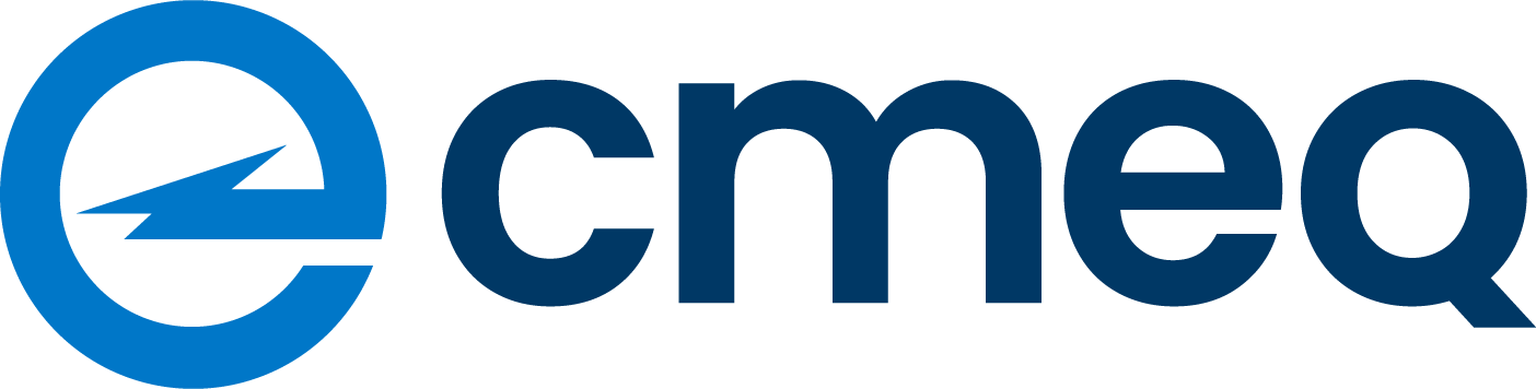 Un logo bleu et blanc pour cmeq sur fond blanc
