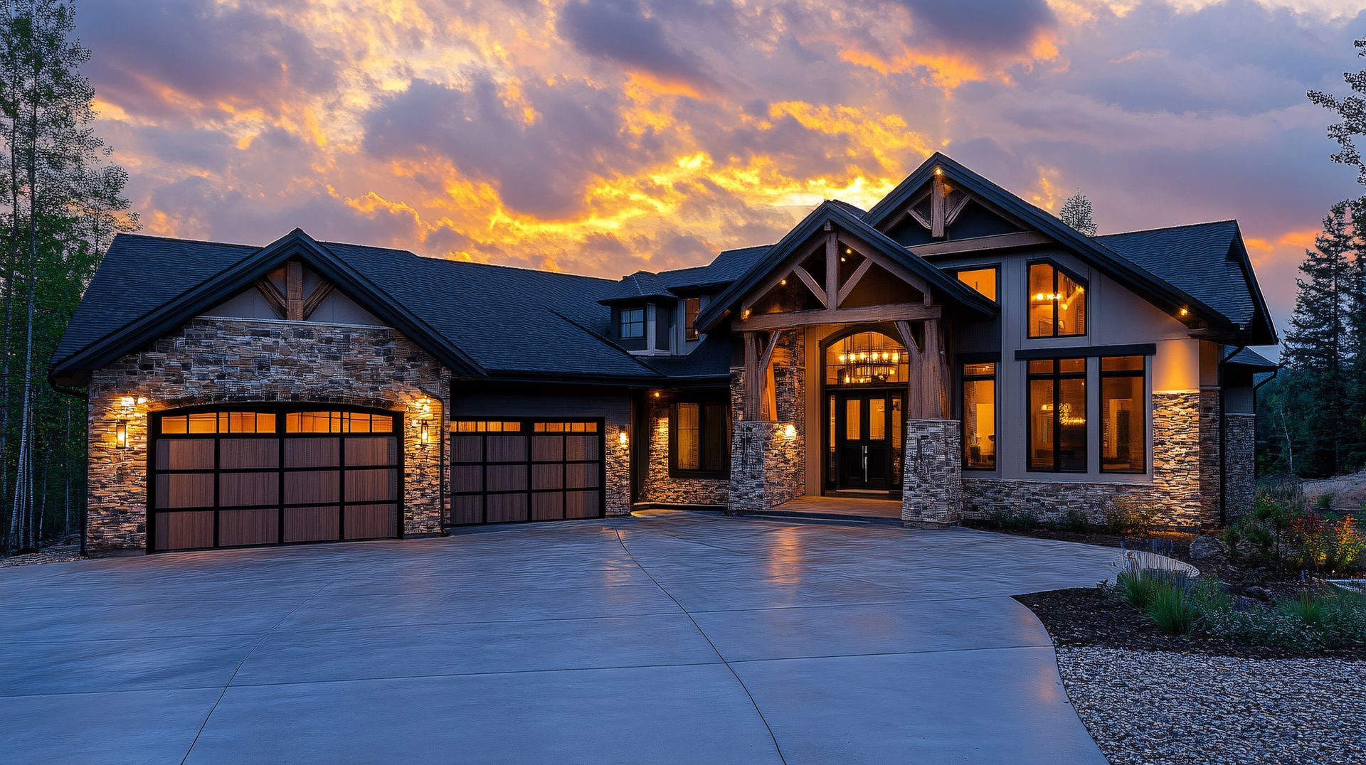 Grande maison avec éclairage extérieur