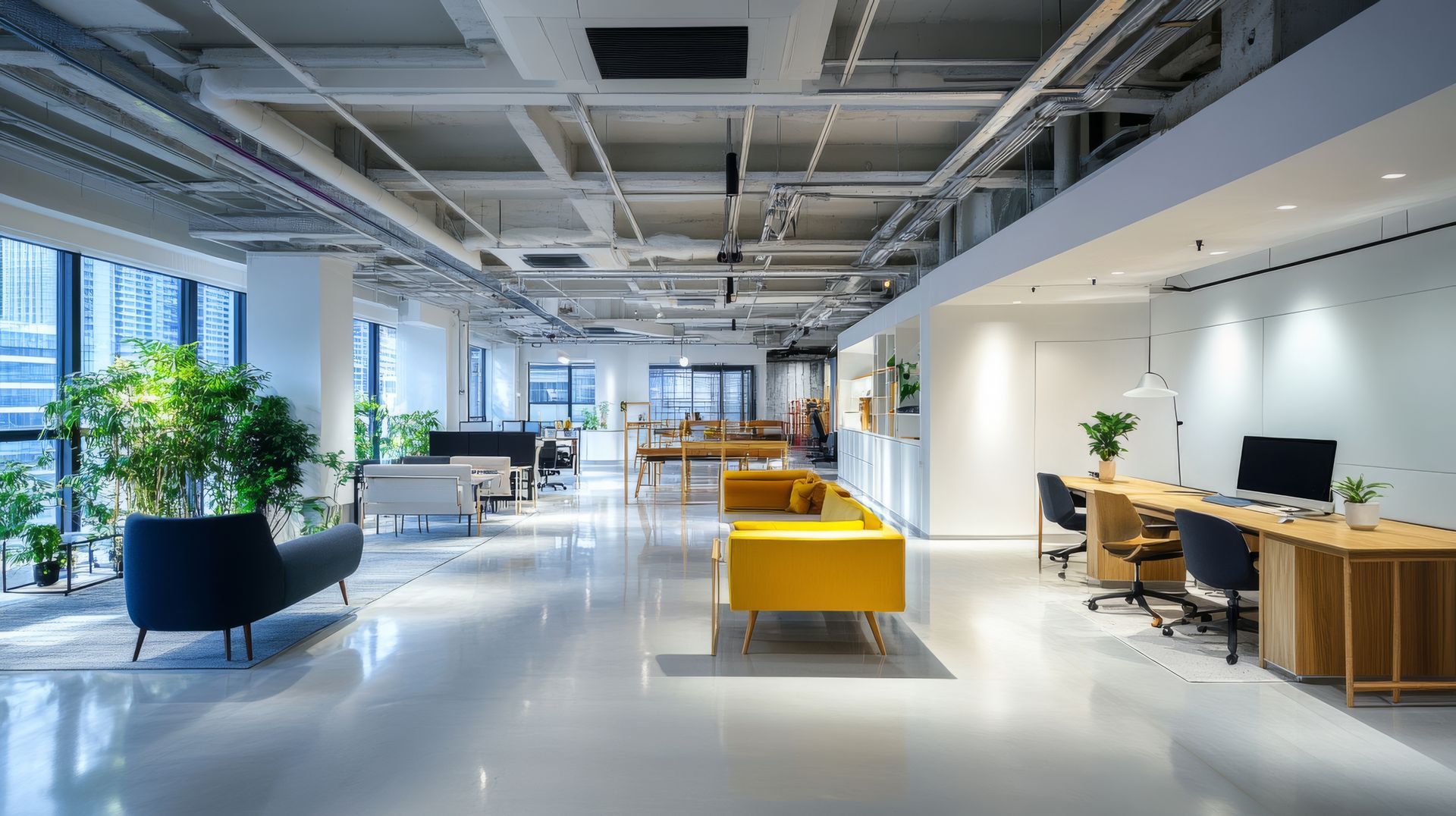 bureau commercial avec plafond ouvert et grande fenêtre