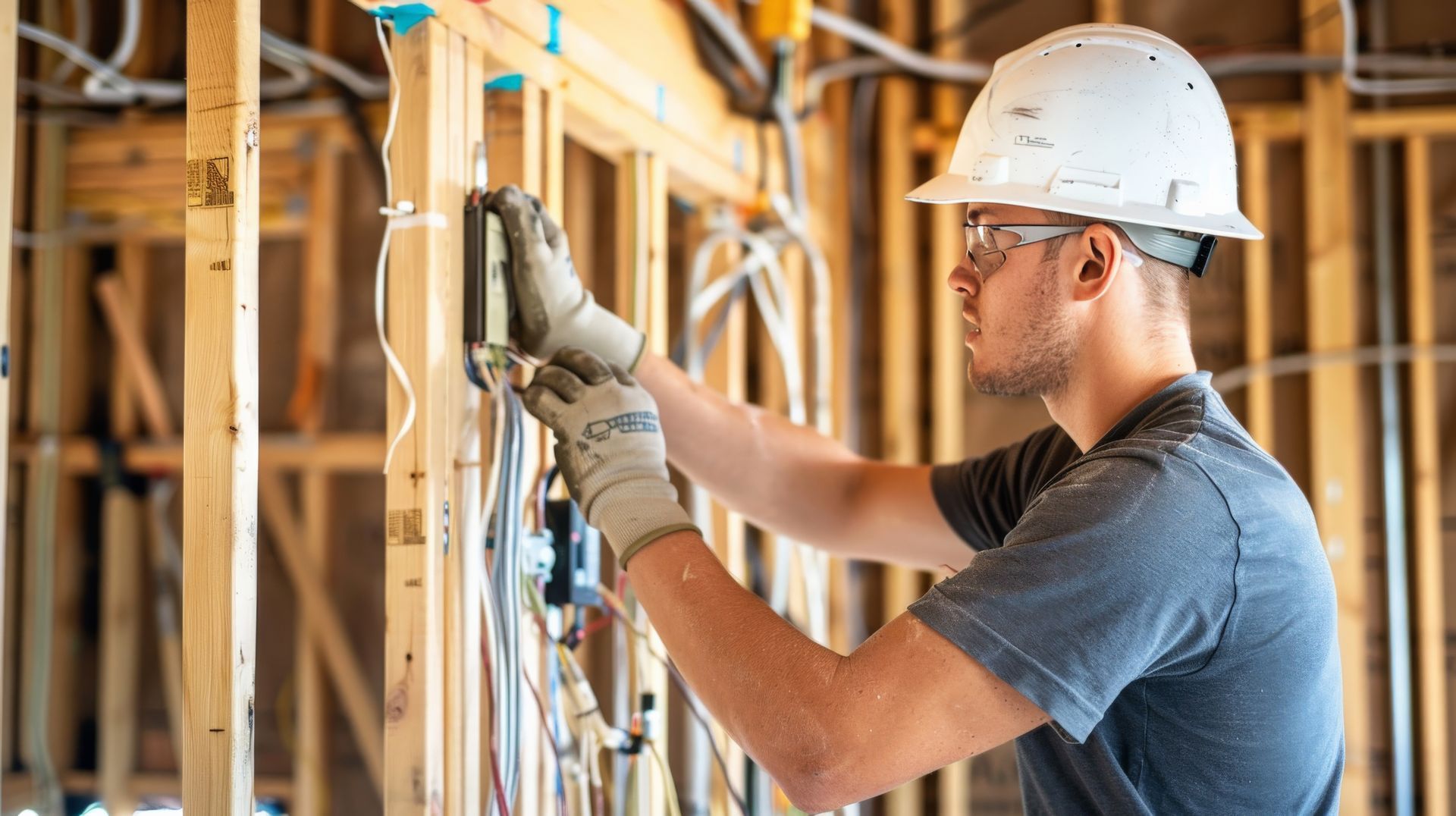 Électricien dans une maison en construction avec ossature en bois