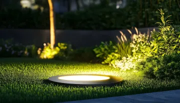 Glowing round ground light illuminating a grassy garden at night
