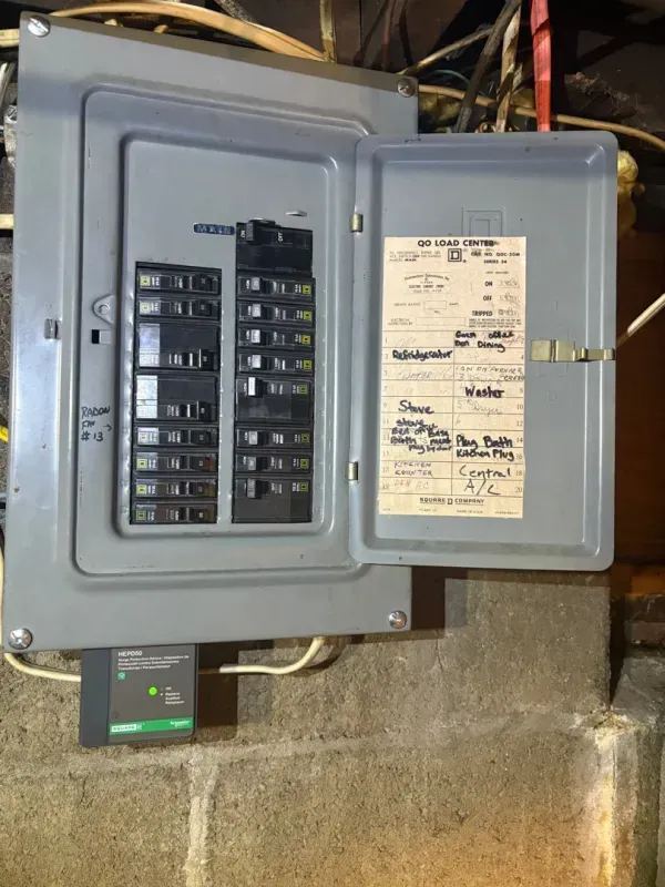 Open electrical breaker panel with door labels and black switches in a utility room