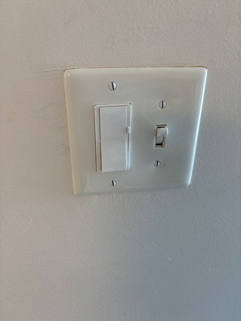 White wall light switch plate with a large dimmer switch and a small toggle switch.