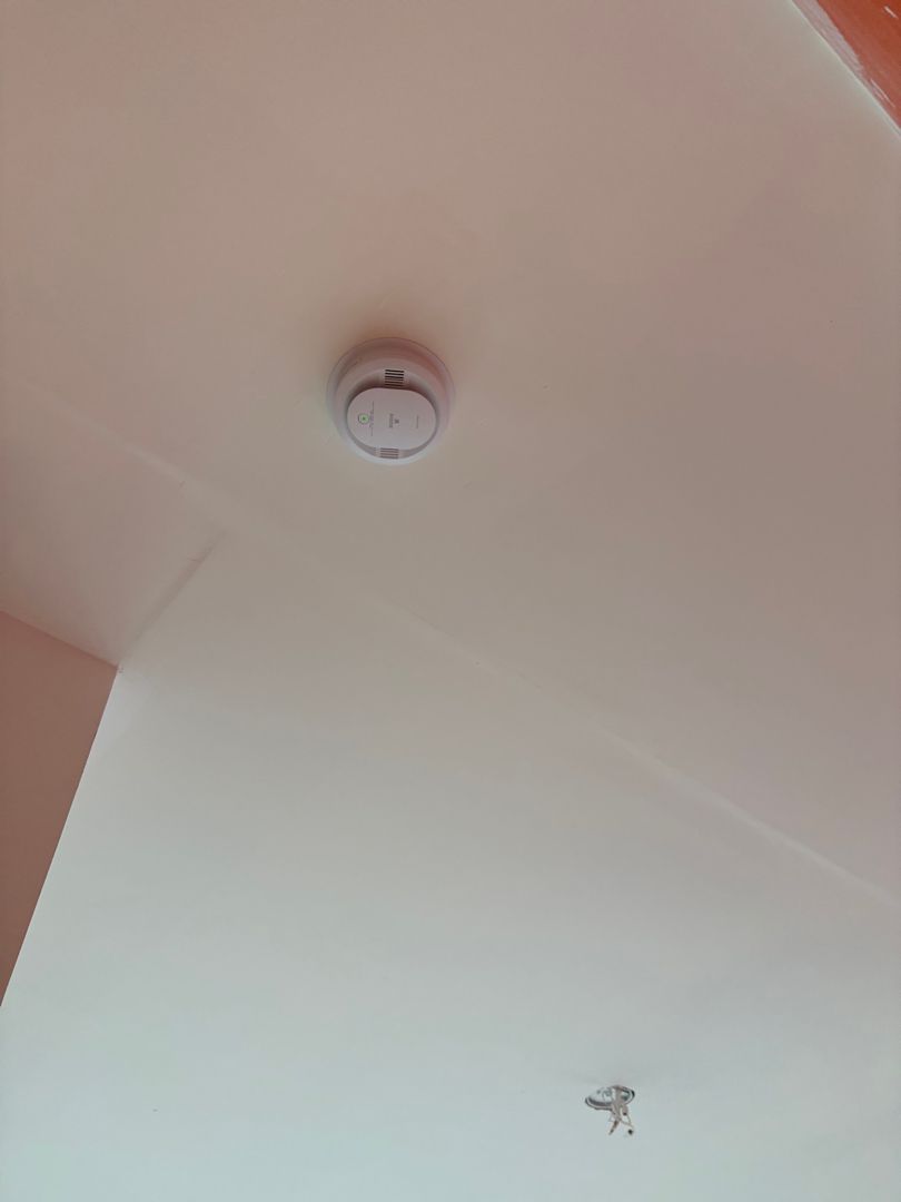 Ceiling corner with a smoke detector and a small ceiling fixture against a pale pink wall.