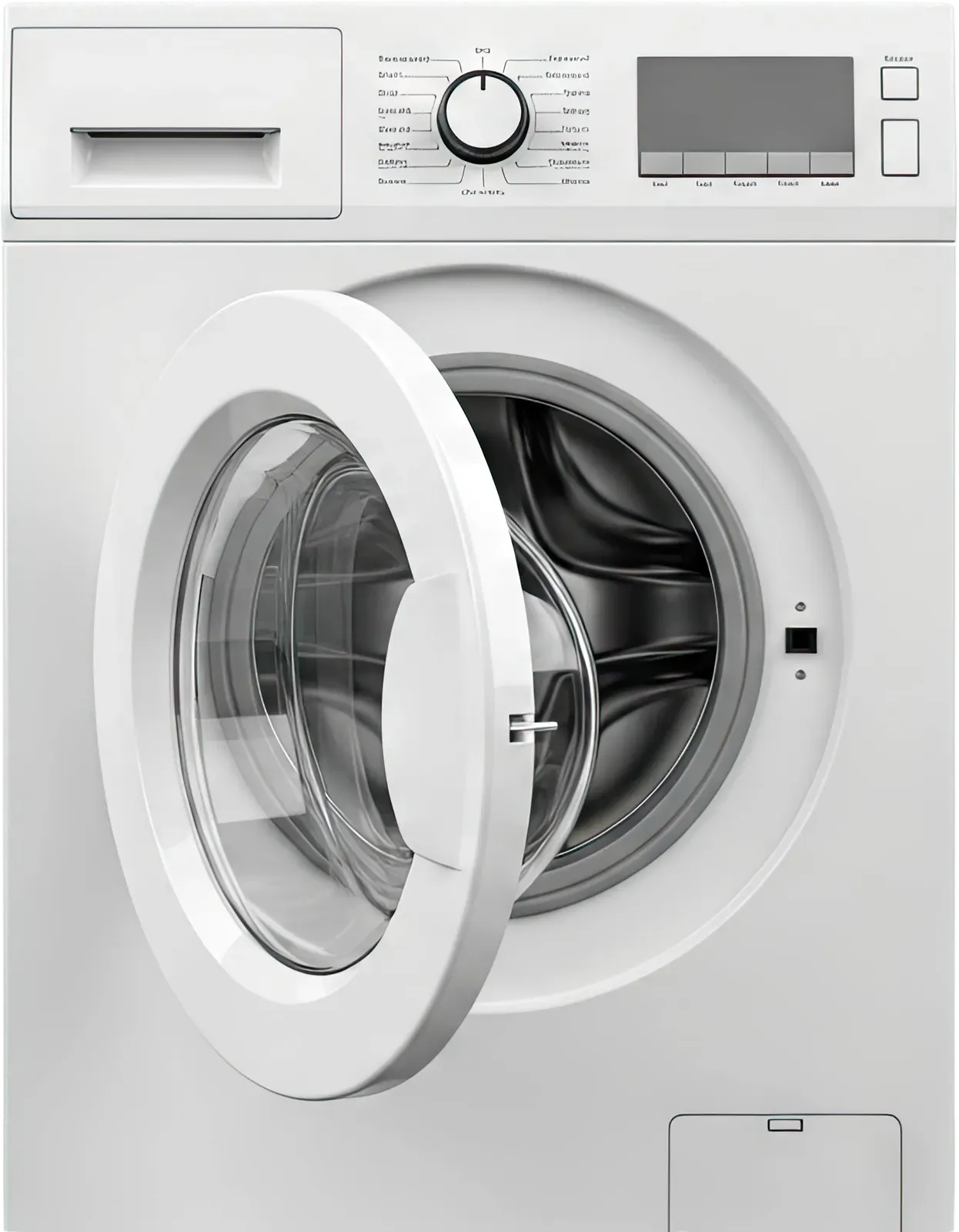 White front-loading washing machine with open door and control panel