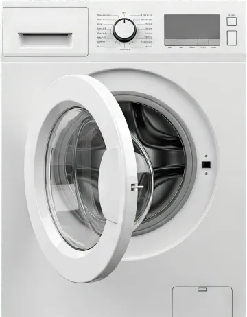 Front-loading white washing machine with open door and control panel visible