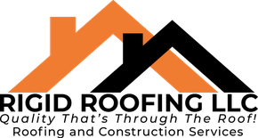 Logo for Rigid Roofing LLC: Overlapping orange and black house silhouettes, black text below, reads "RIGID ROOFING LLC, Quality That's Through The Roof! Roofing and Construction Services".