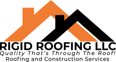 Logo for Rigid Roofing LLC: Overlapping orange and black house silhouettes, black text below, reads "RIGID ROOFING LLC, Quality That's Through The Roof! Roofing and Construction Services".