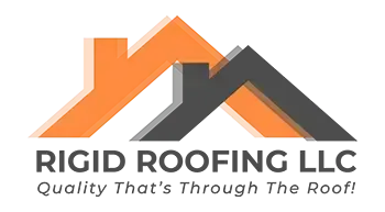 Logo for Rigid Roofing LLC: orange and gray overlapping house silhouettes with company name and tagline