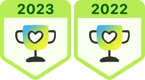 Badges with cups and hearts. 2023 and 2022 achievements in green and yellow.