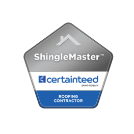 ShingleMaster logo: silver and blue pentagon, white text, CertainTeed Roofing Contractor.