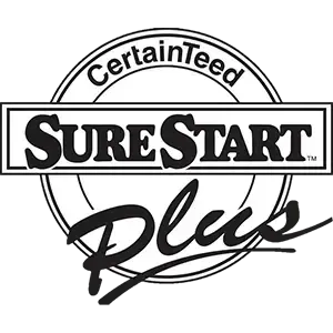 CertainTeed SureStart Plus logo: text within circles and a rectangle. "SureStart" prominent, "Plus" below.