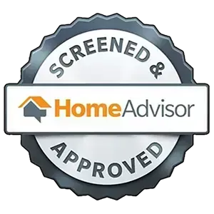 HomeAdvisor badge: "Screened & Approved". Gray, white, and orange. Shows a house icon.