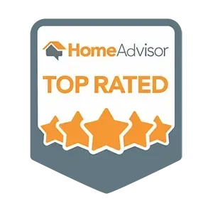 HomeAdvisor Top Rated badge with orange stars and logo on gray background.