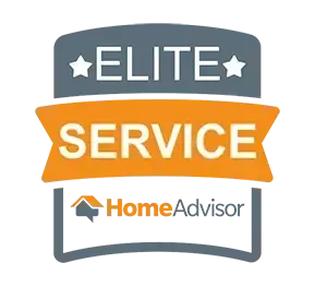 HomeAdvisor "Elite Service" badge with gray and orange colors and HomeAdvisor logo.