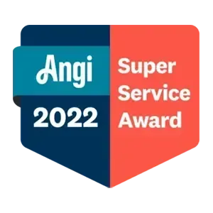 Angi 2022 Super Service Award badge, blue and red with white text.