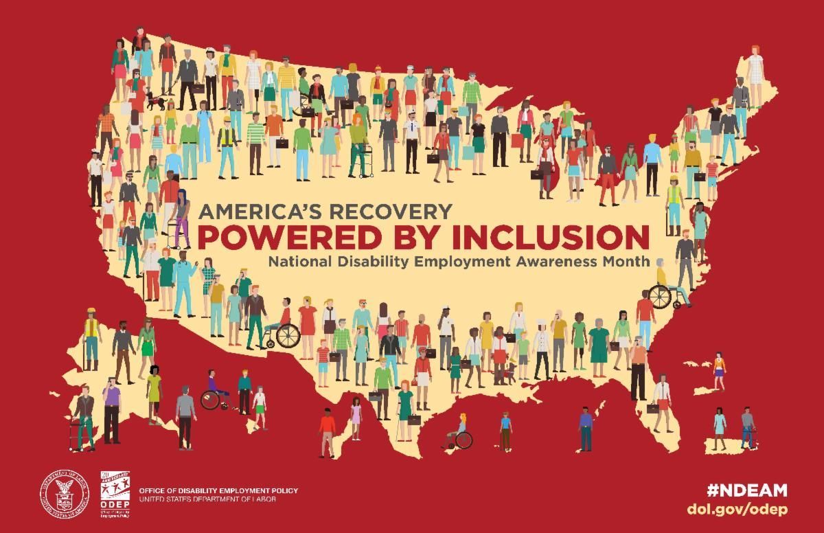 Red poster with U.S. map made of diverse people and text “America’s Recovery Powered by Inclusion”