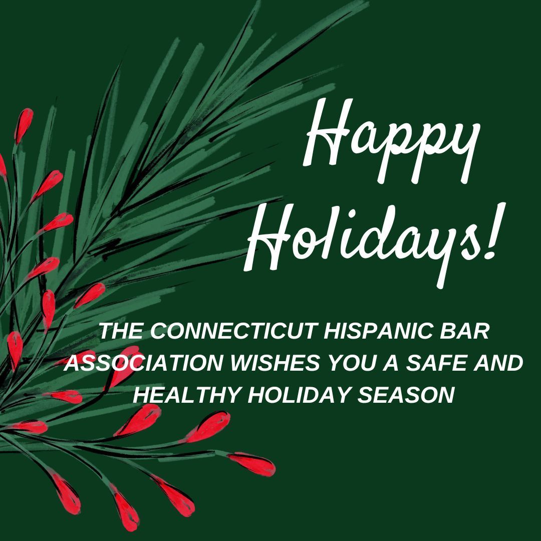 Holiday greeting card with green palm leaves and red accents, saying “Happy Holidays!” from the Connecticut Hispanic Bar Association