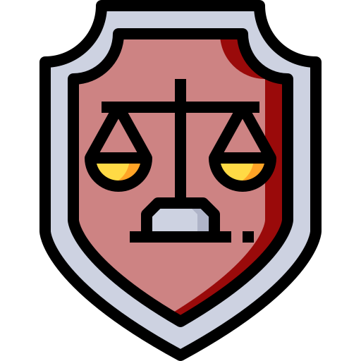 Shield icon with a red-and-gray face, scales of justice, and a small gavel symbol