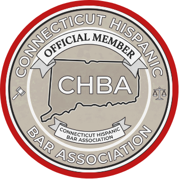 Circular Connecticut Hispanic Bar Association logo in red, gray, and black with CHBA and “Official Member” text.