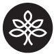 White stylized tree icon within a black circle.