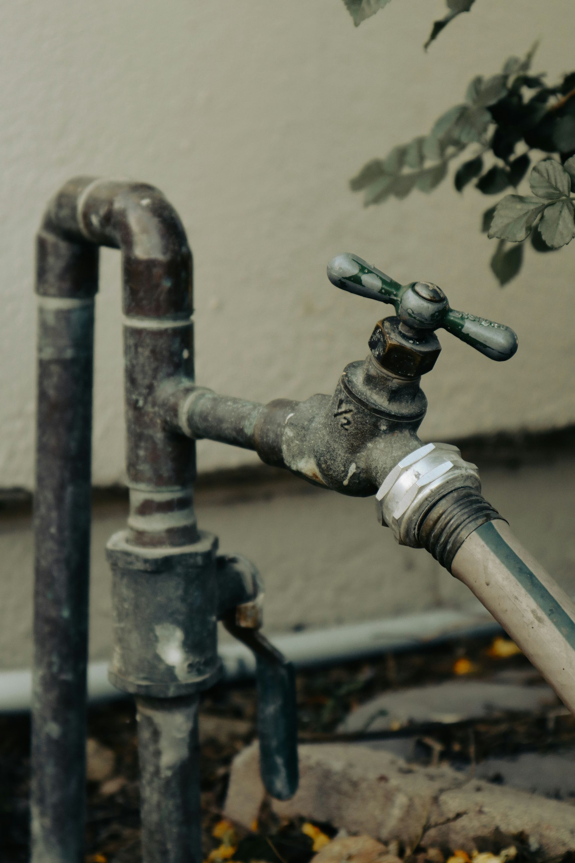 A close up of a faucet with a hose attached to it.