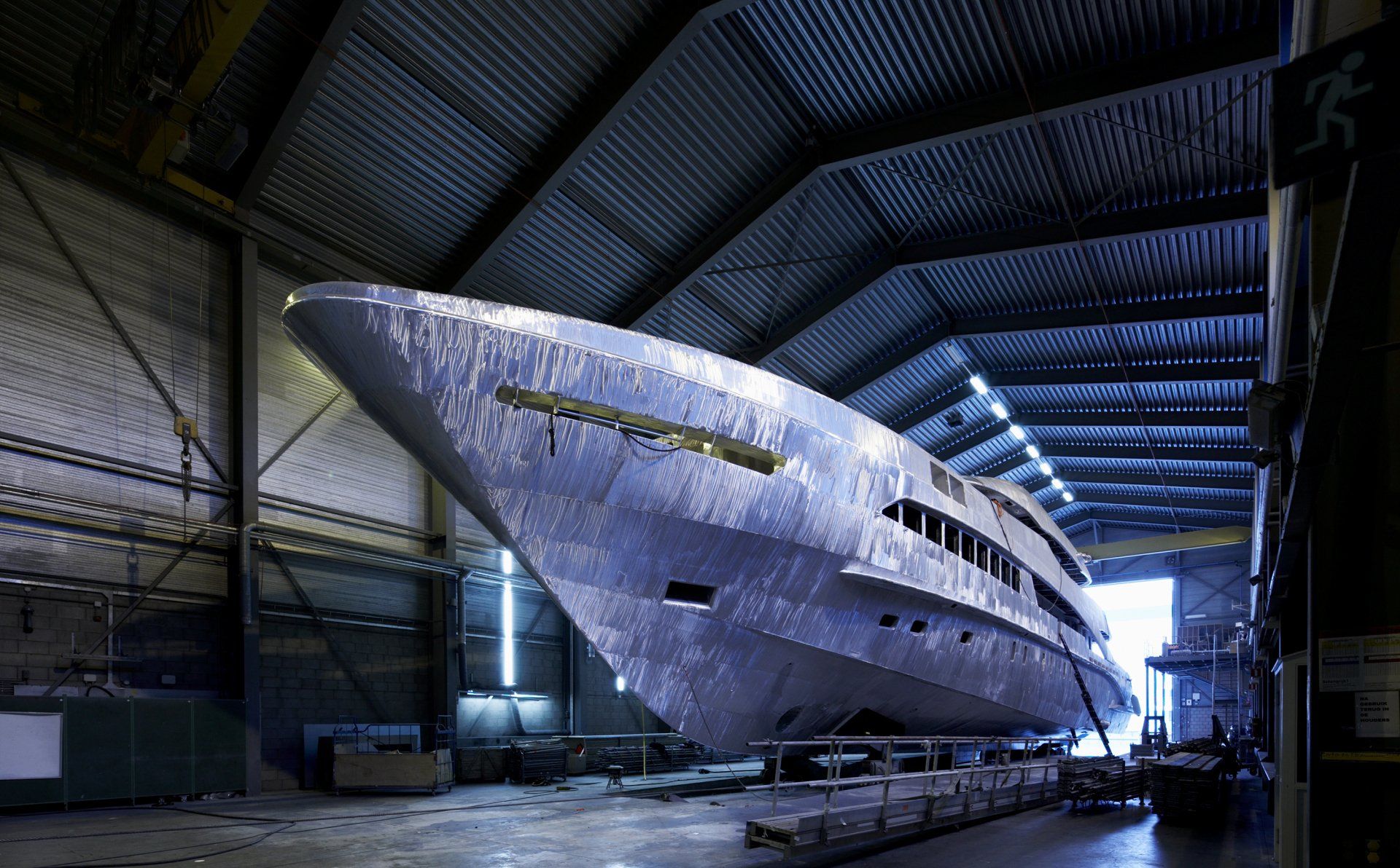 Heesen Yacht 15250 in the shed after joining and hull and superstructure. ©Dick Holthuis International Yacht Photographer