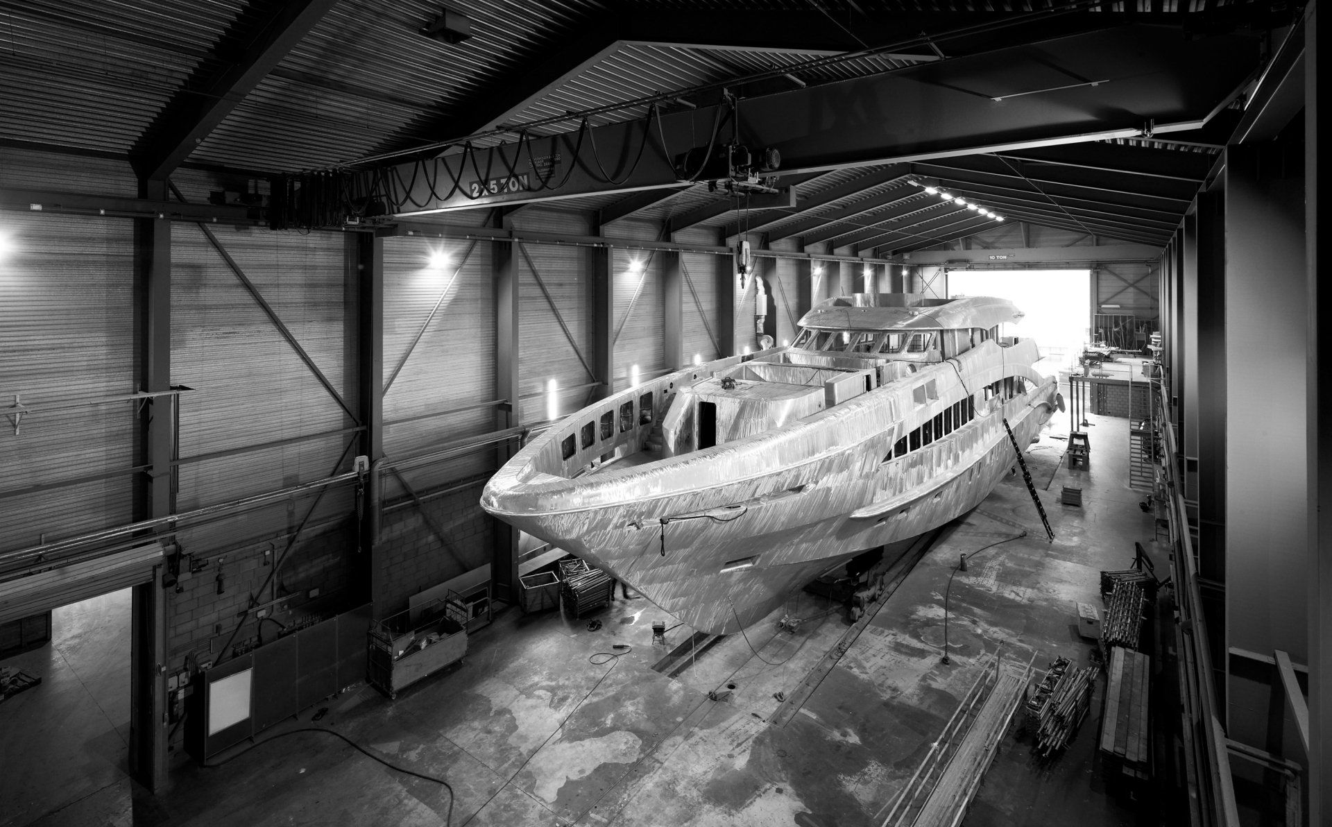 Heesen Yacht 15250 in the shed after joining and hull and superstructure. ©Dick Holthuis International Yacht Photographer
