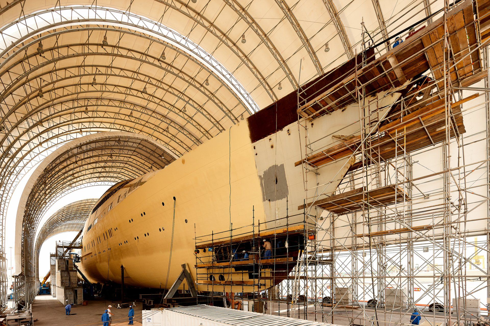 Transformation from a navy frigate to M/Y Yas in Abu Dhabi U.A.E. 2009. ©Dick Holthuis International Yacht Photographer.