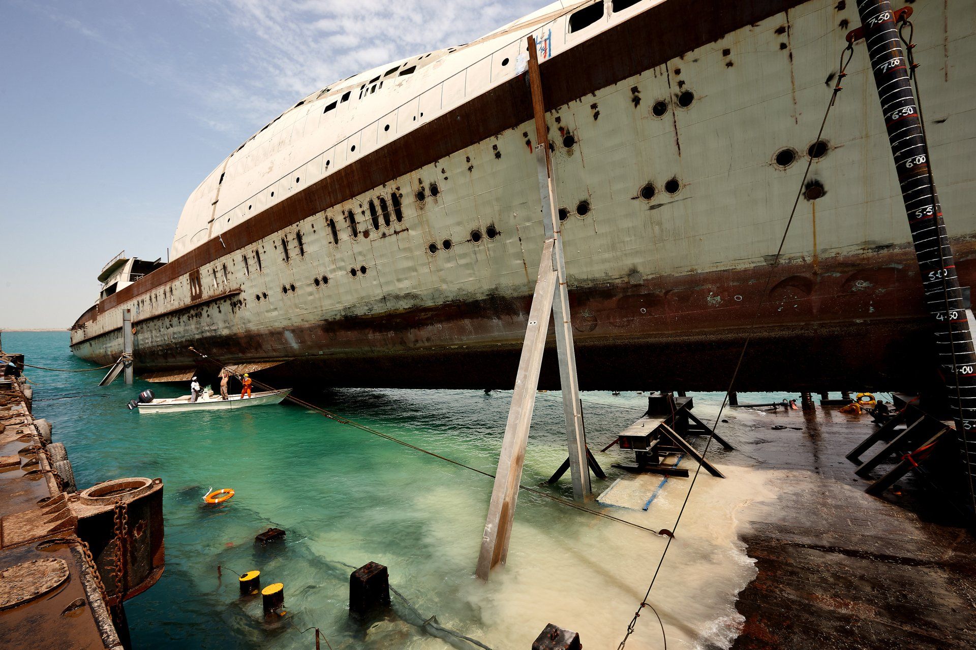 Transformation from a navy frigate to M/Y Yas in Abu Dhabi U.A.E. 2009. ©Dick Holthuis International Yacht Photographer.