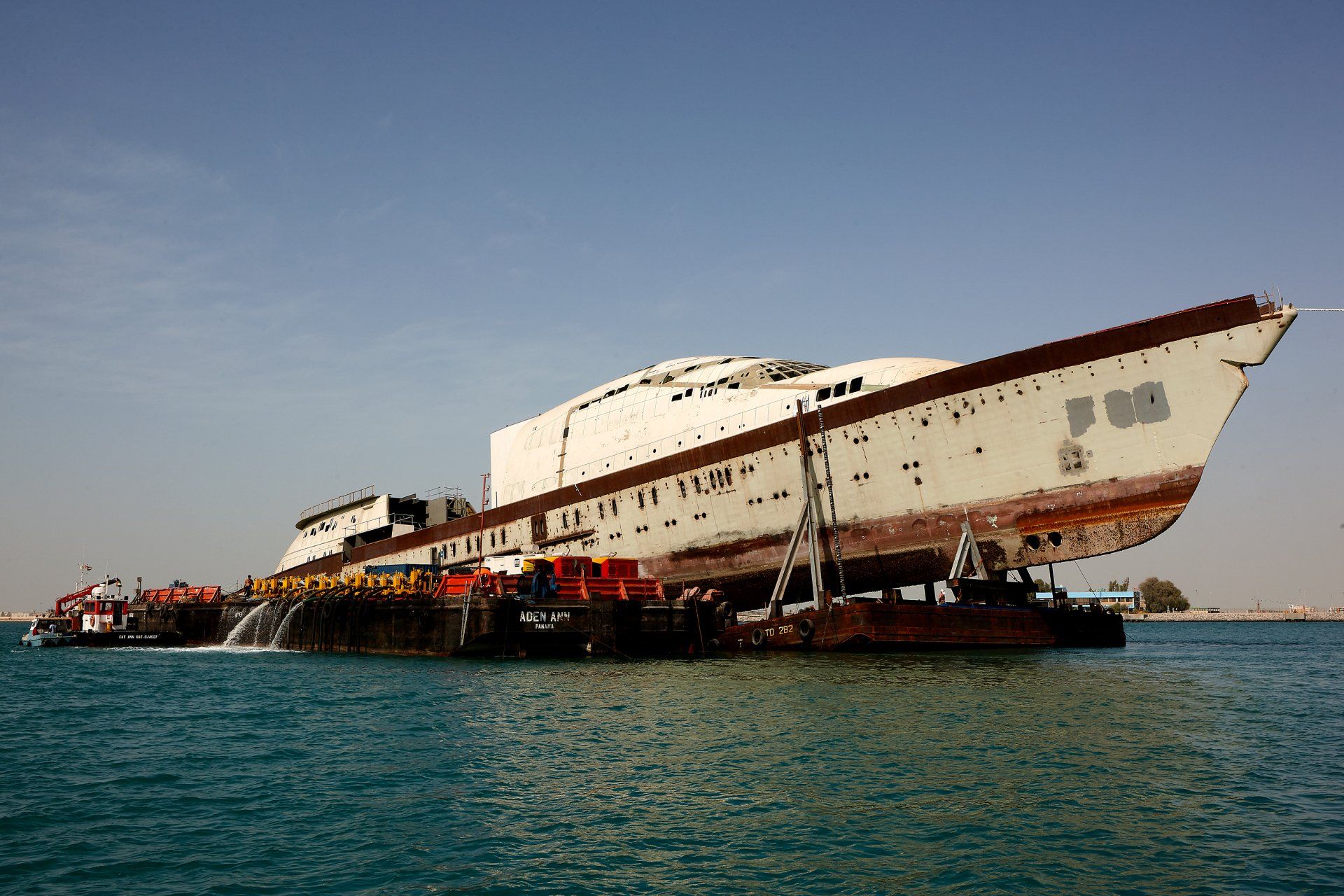 Transformation from a navy frigate to M/Y Yas in Abu Dhabi U.A.E. 2009. ©Dick Holthuis International Yacht Photographer.